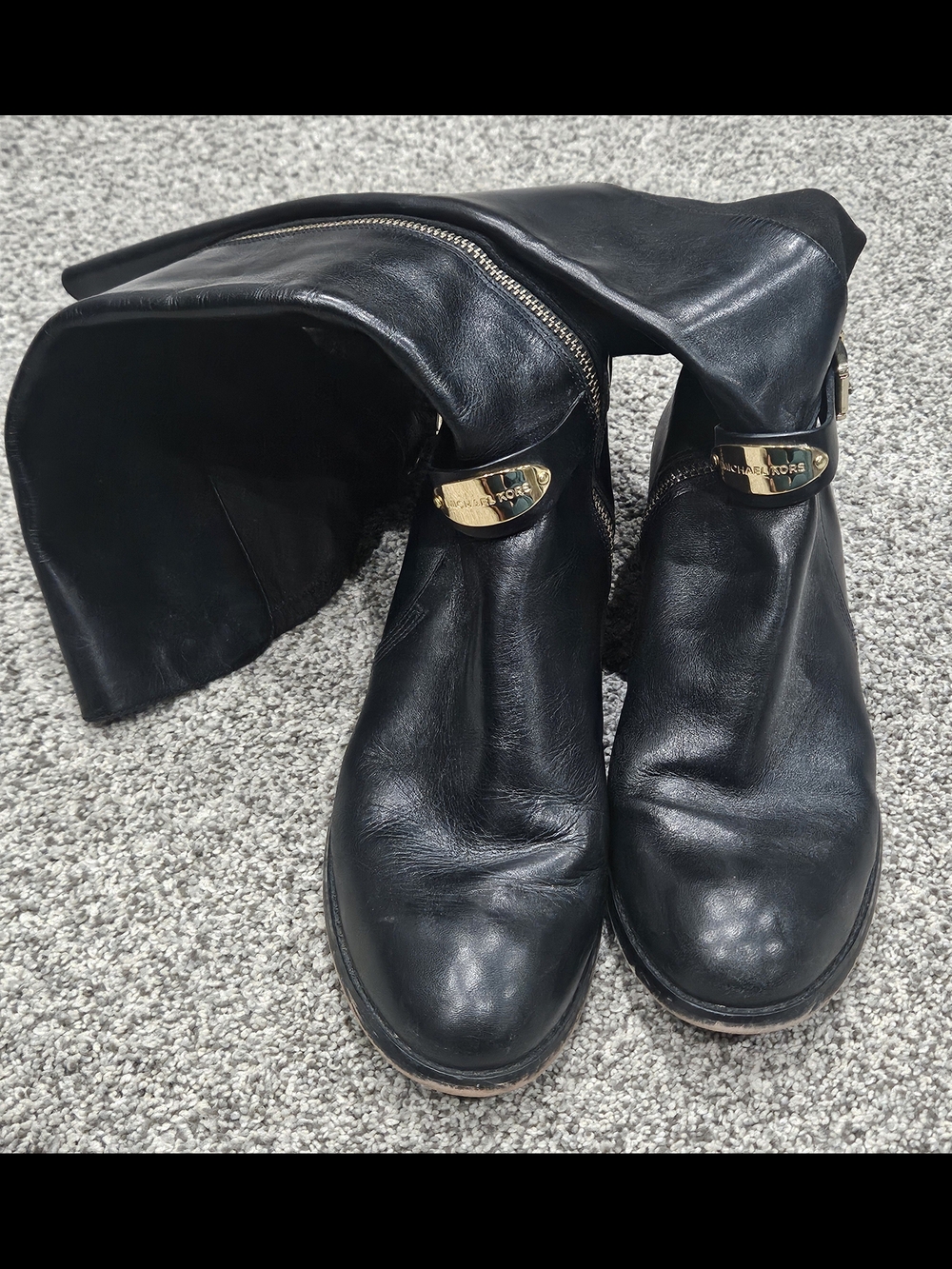 Michael Kors Black Leather Knee Boots with Gold Hardware